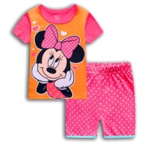 Pigiama a due pezzi con disegno di Minnie e pantaloncini rosa con cuciture bianche, di altissima qualità