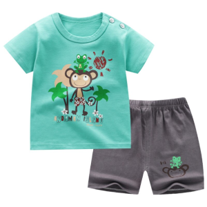 Pigiama estivo, maglietta e pantaloncini con motivo a scimmia per bambini in verde e grigio