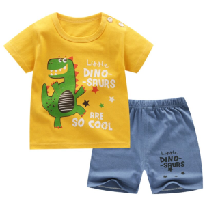Pigiama estivo da dinosauro per bambini giallo con pantaloncini blu alla moda