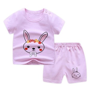 Maglietta e pantaloncini del pigiama a due pezzi viola e rosa con motivo a coniglietto in cotone alla moda
