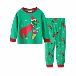 Set di pigiama natalizio con dinosauro e maniche lunghe per bambini in verde alla moda, di ottima qualità