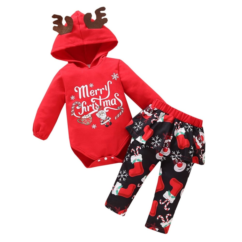 Vestiti natalizi per bambine da 0 a 18 mesi con cappuccio rosso alla moda