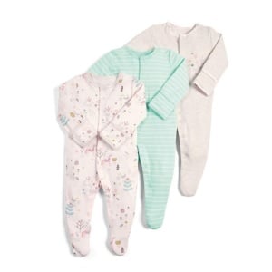 Completo pigiama 3 pezzi per neonato con motivo floreale e a righe su sfondo bianco