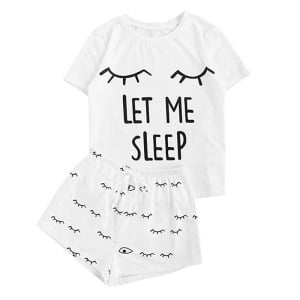 Set pigiama sexy da donna con ciglia e scritta "LET ME SLEEP"
