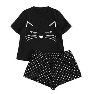 Set di pigiama in nylon con stampa di gatti neri per donne alla moda